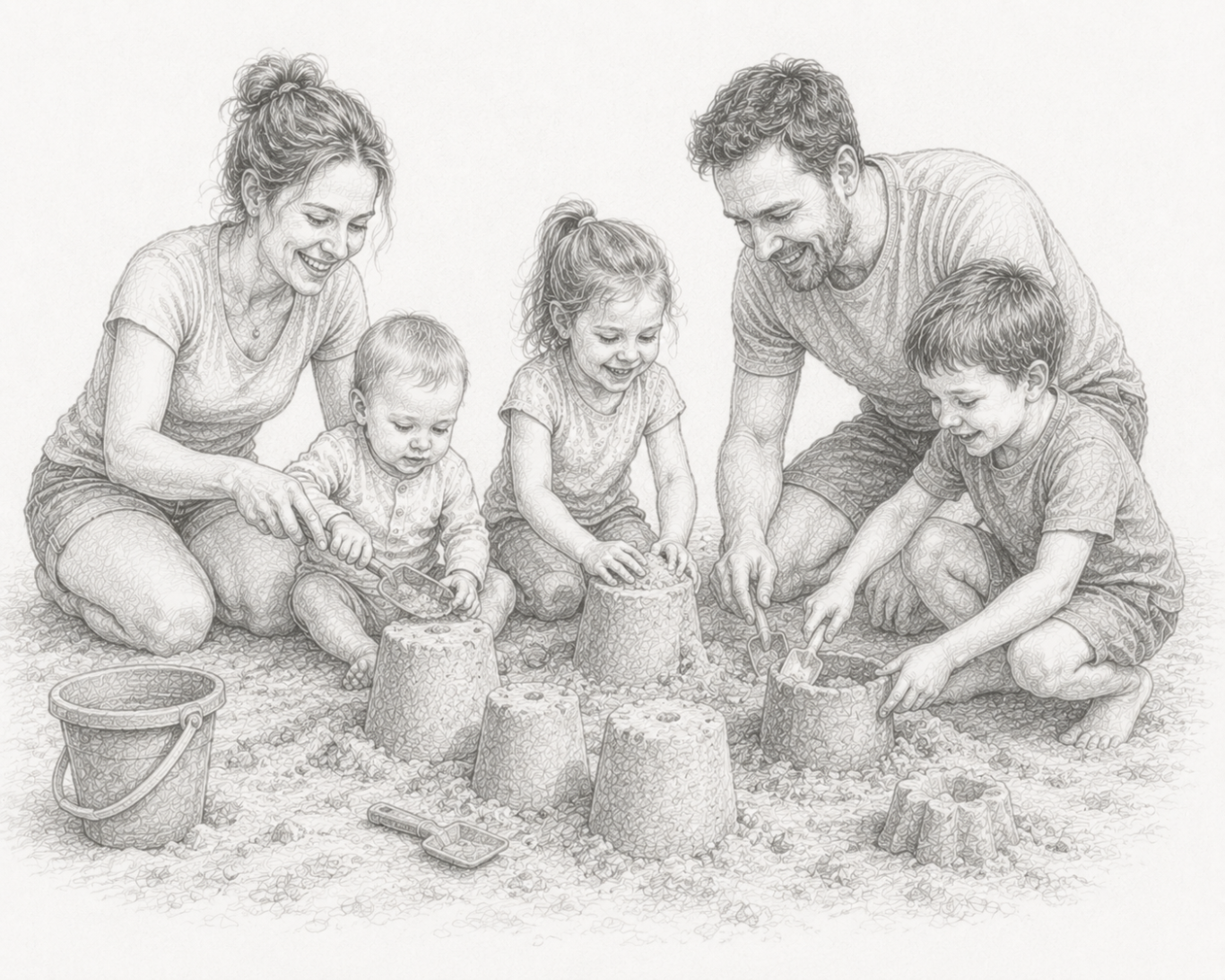 Familienshooting Familie baut gemeinsam Sandburgen am Strand.